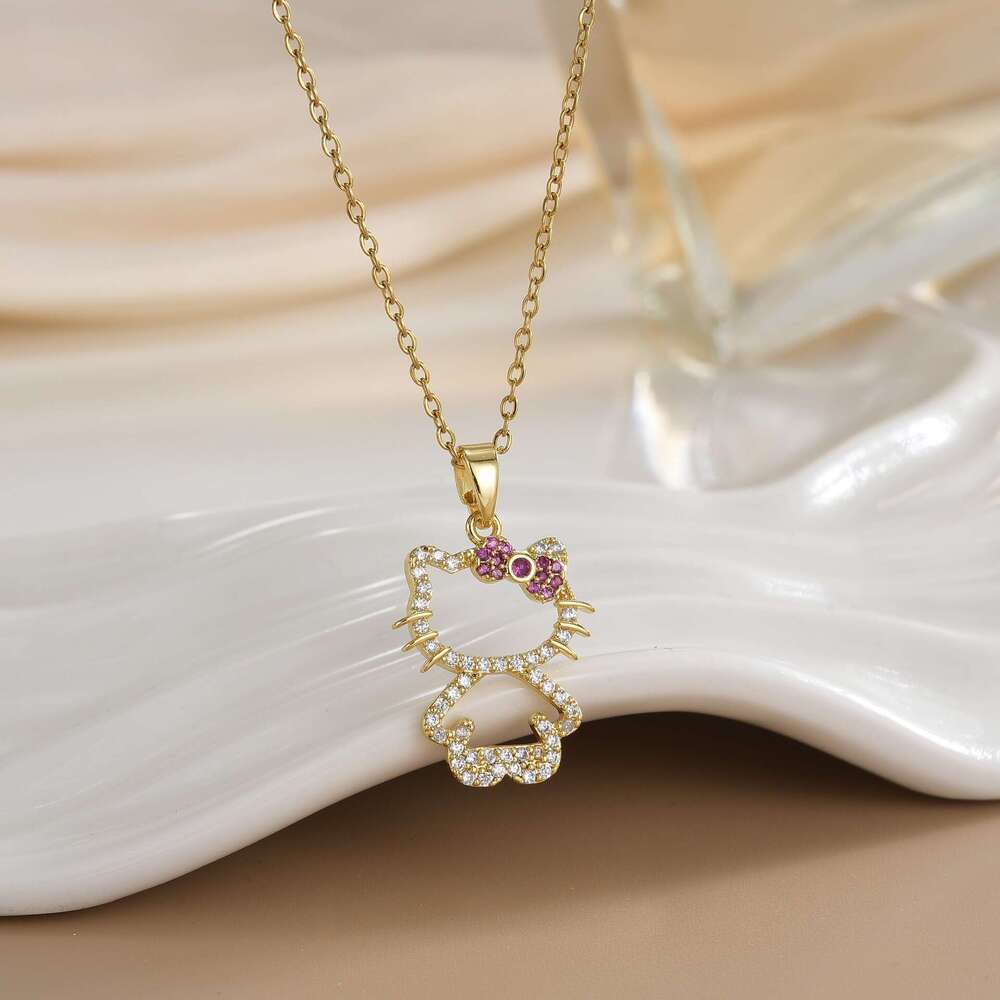 For Women Korean And Japanese Style Internet Celebrity Little Cat Zircon Niche New Design Sense Pendant Fashionable Temperament Titanium Steel Necklac