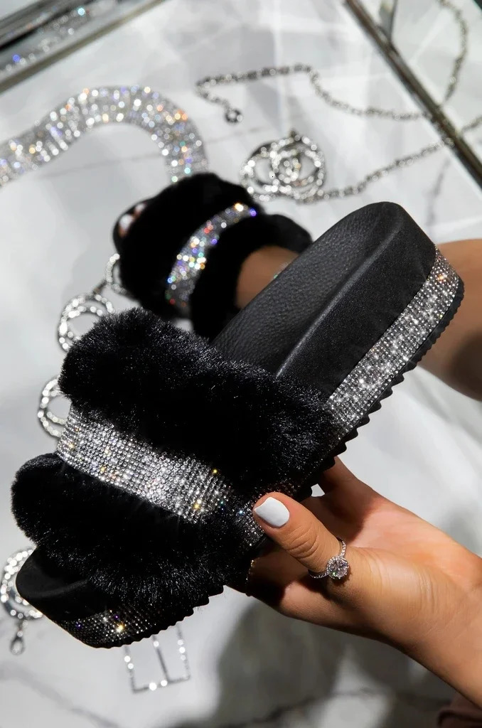 Women Fur Rhinestone Slippers Platform Wedges Without Heel Fluffy Furry Slides Flat Flip Flops Shoes Ladies Shiny Bling 250716