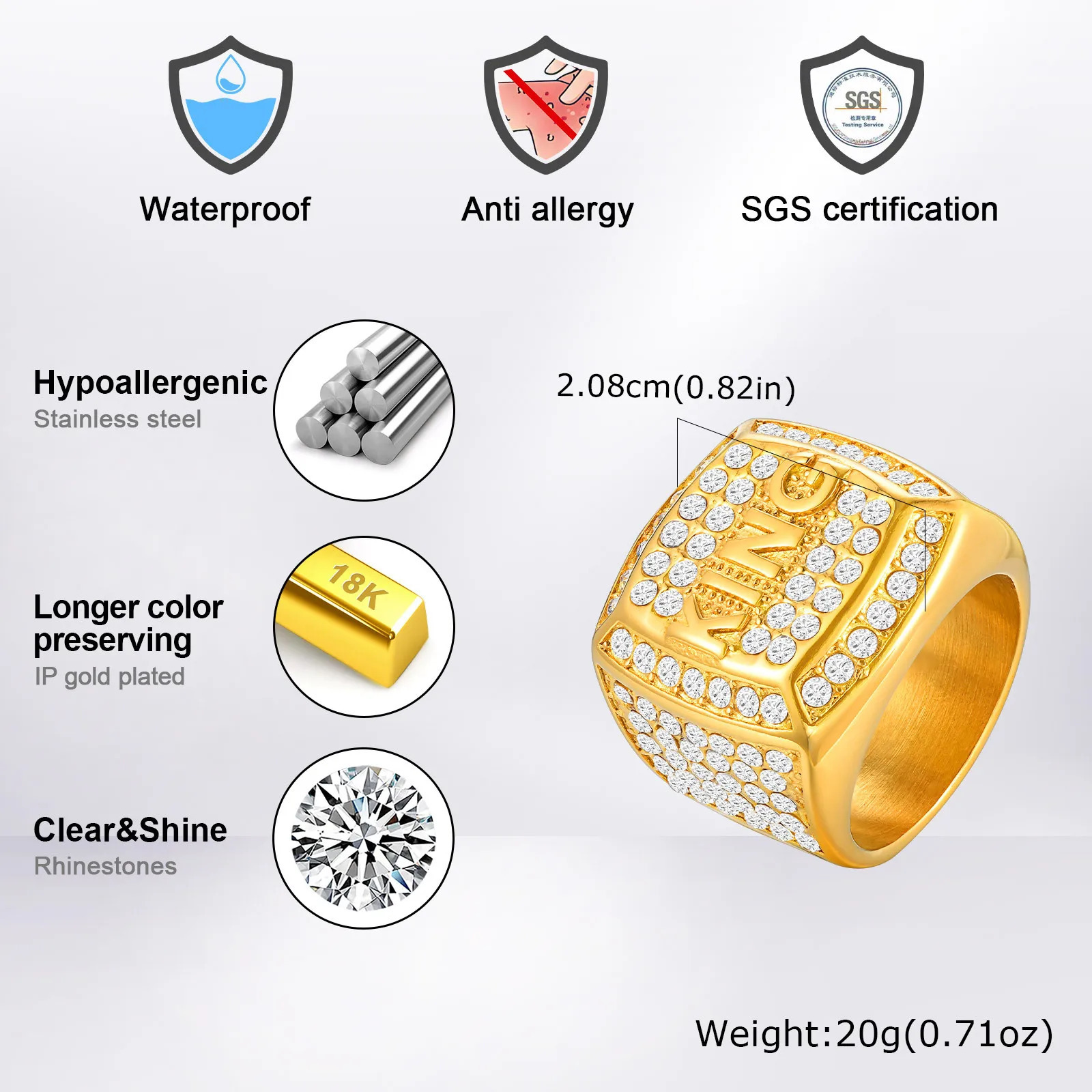 HipHop Full Rhinestone Ring for MenGold Color Stainless Steel King Letters Finger RingsRapper Party Jewelry Gifts 250716