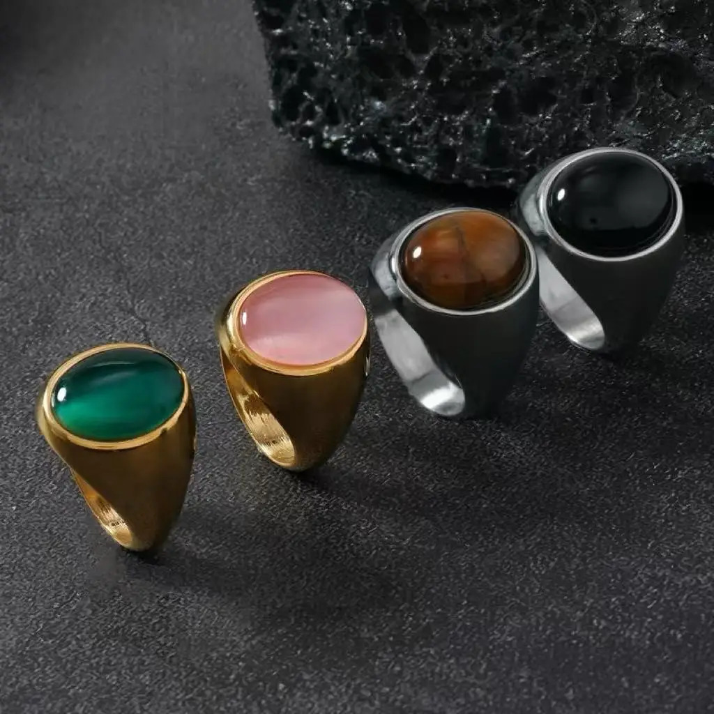 Vintage 316L Stainless Steel Black Pink Green Stone Ring For Women Men Finger Fashion Jewelry Accessories 6-12 Big Size 250716