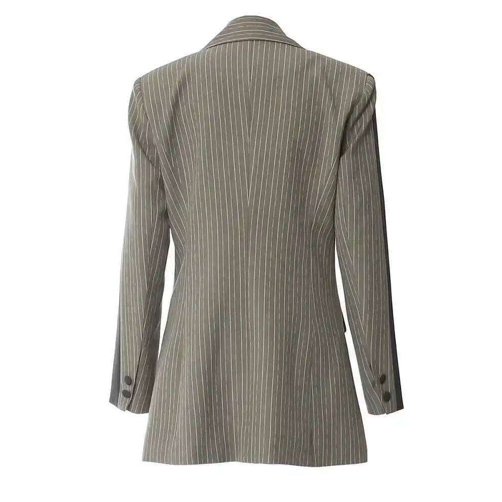 EAM Green Striped Color-Block Elegant Blazer Women New Lapel Long Sleeve Jacket Fashion Tide Spring Autumn 2025 1Dh6394