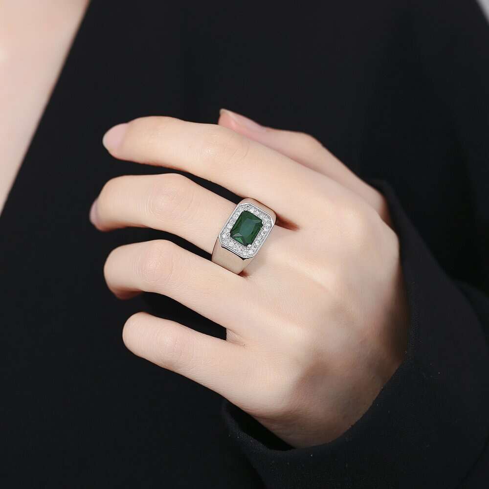 Square Emerald Blue Inlaid Diamond Men's Moissanite Zircon Open Adjustable Index Finger Ring 228
