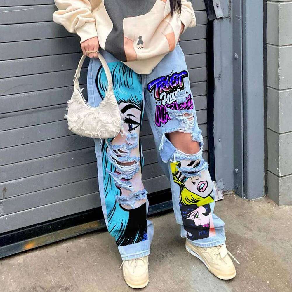 Straight Leg Jeans For Women Personalized Print Pattern Cracked Hole Street Fashion Spring And Summer New Spicy Girls, Y2k, 2024