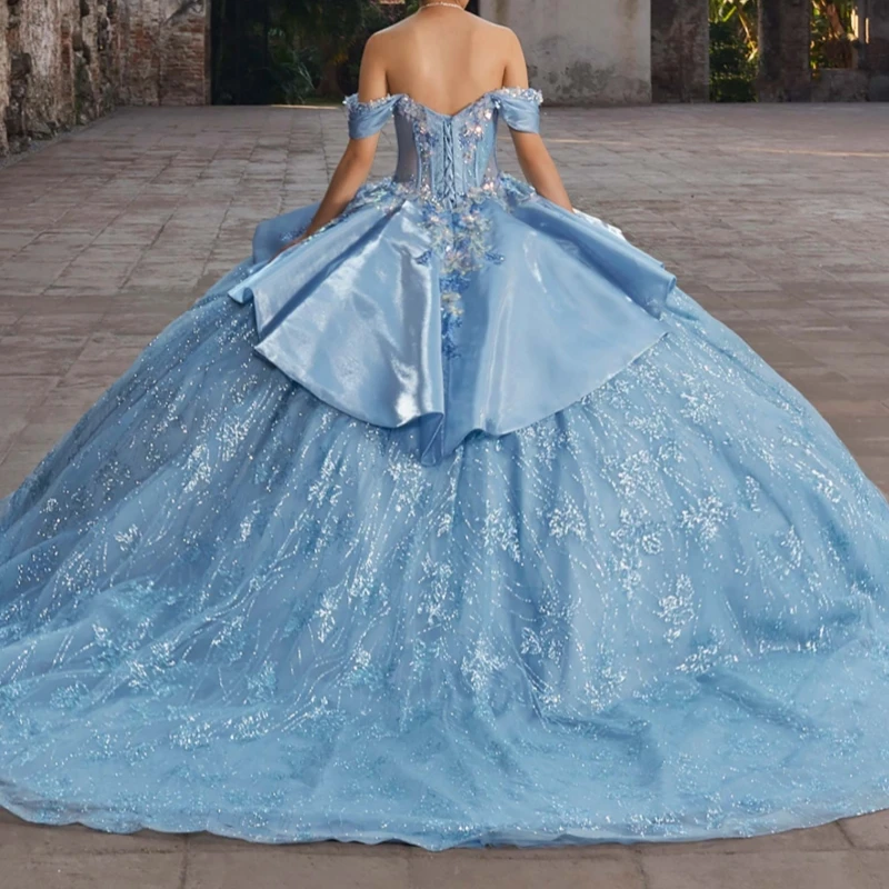 Blue Shiny Quinceanera Dresses Ball Gown Off The Shoulder Sequin Applique Lace Beading Crystal Tull Party Birthday Sweet 16 Dress Vestidos 15 De Anos