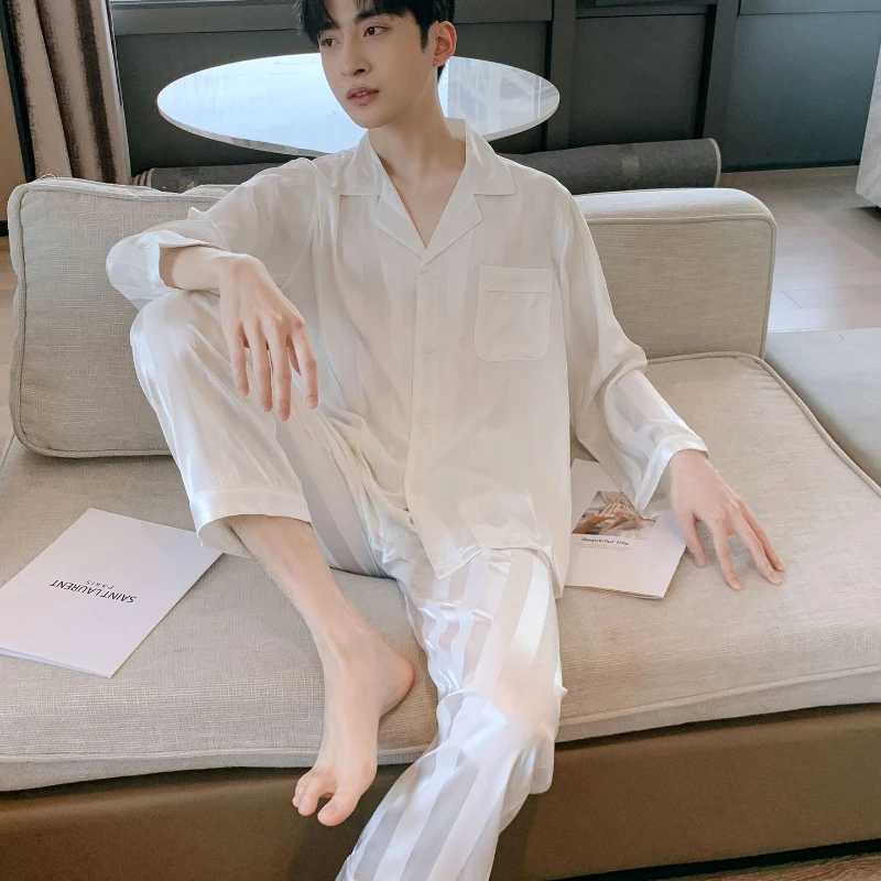 Couple Pajamas Suit Women Male Ice Silk Long-sleeved Sleepwear Summer High-end Loungewear Spring Fall Men Female Striped Pajamas W250717