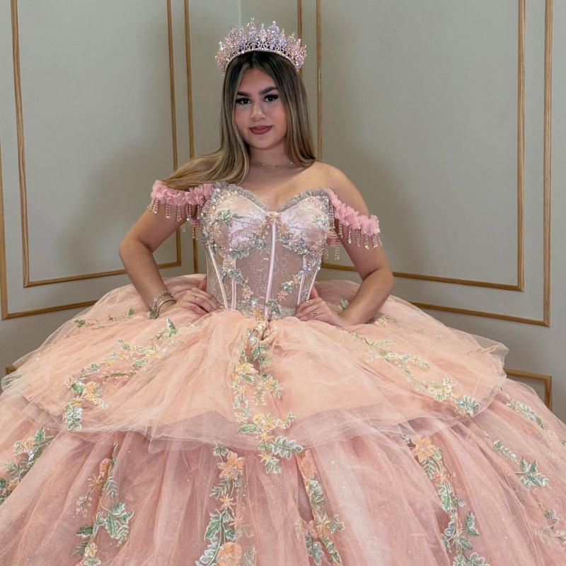 Pink Quinceanera Dresses Ball Gown Off The Shoulder Applique Lace Beads Tull Party Birthday Sweet 16 Dress Vestidos De 15 Anos