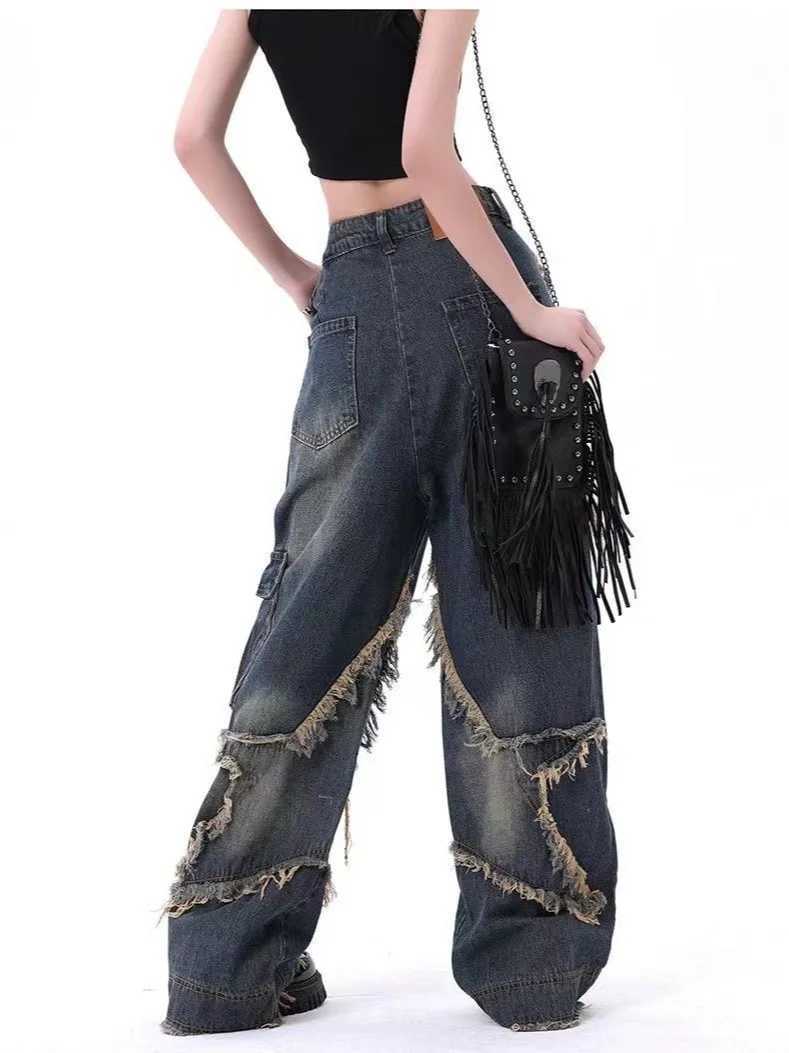 New American Vintage Washed Five-Point Star Frayed Hem Jeans for Women High Street Niche Oversized Straight Leg Long Pants R250716