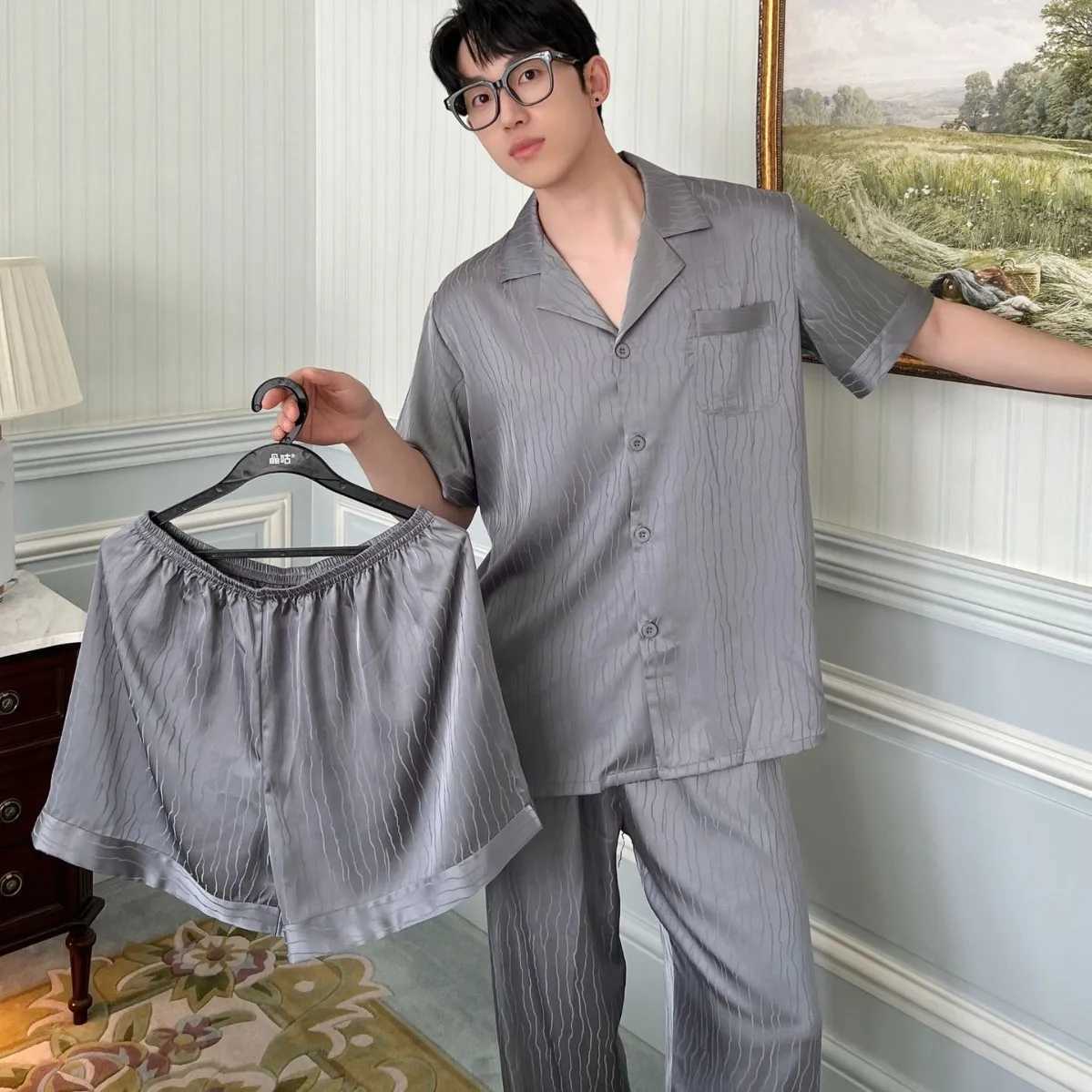 Plus Size Mens Sleepwear 3Pcs Pajamas Set Summer New Satin Nightwear Home Clothes Fashion Jacquard Stripes Loungewear Pajamas W250717