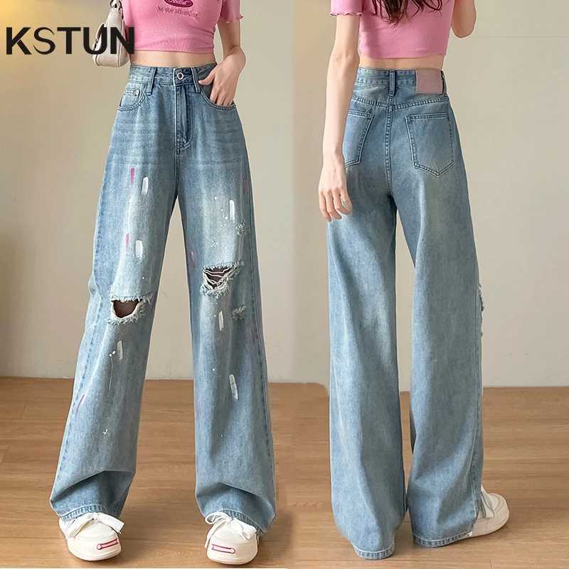 2025 Summer Women Wide Leg Jeans High Waist Hollow Out Baggy Pants Loose Straight Frayed Ripped Jeans Painting Streetwear R250716