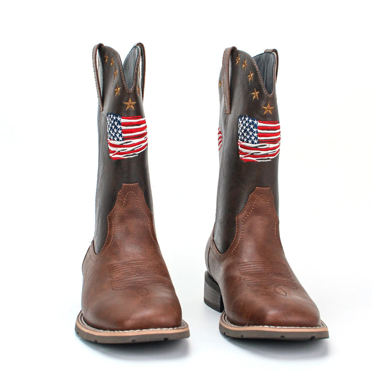 Mens Plaid Square Toe Low Heel Easiest for Match National Flag Slip-on Outdoor Cowboy Boots 250715