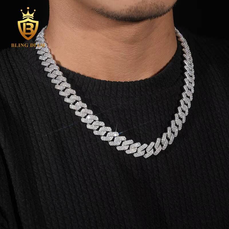 Factory Direct Wholesale Moissanite Cuban Chain Necklace Hip Hop Style VVS Diamond 2 Rows Sizes 12mm 925 Silver Men