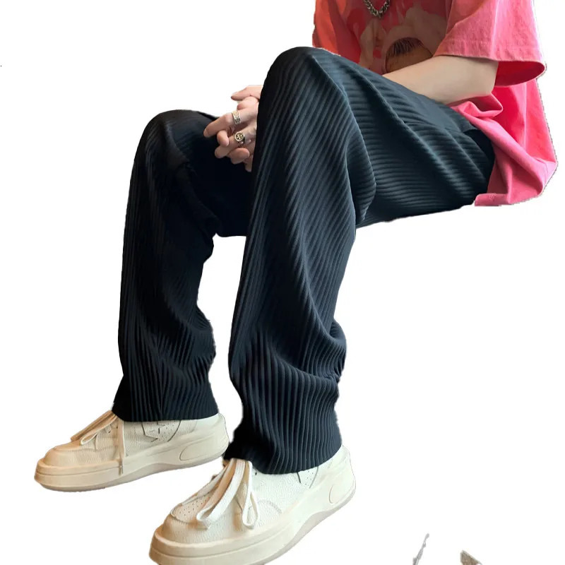 Summer Casual Pants Men Black Gray Ice Silk Pants Men Japanese Streetwear Hip-hop Loose Straight Trousers Mens Pleated Pants 250715