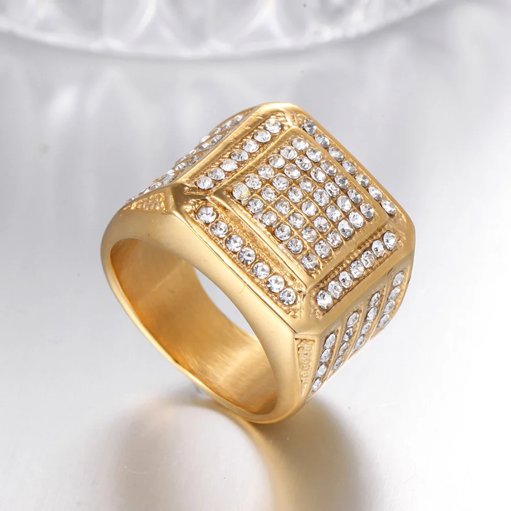 Hip Hop Iced Out Bling Square Ring Male Wholesale Gold Color Stainless Steel Big Rapper Rings For Men Fashion Party Jewelry Gift 250716