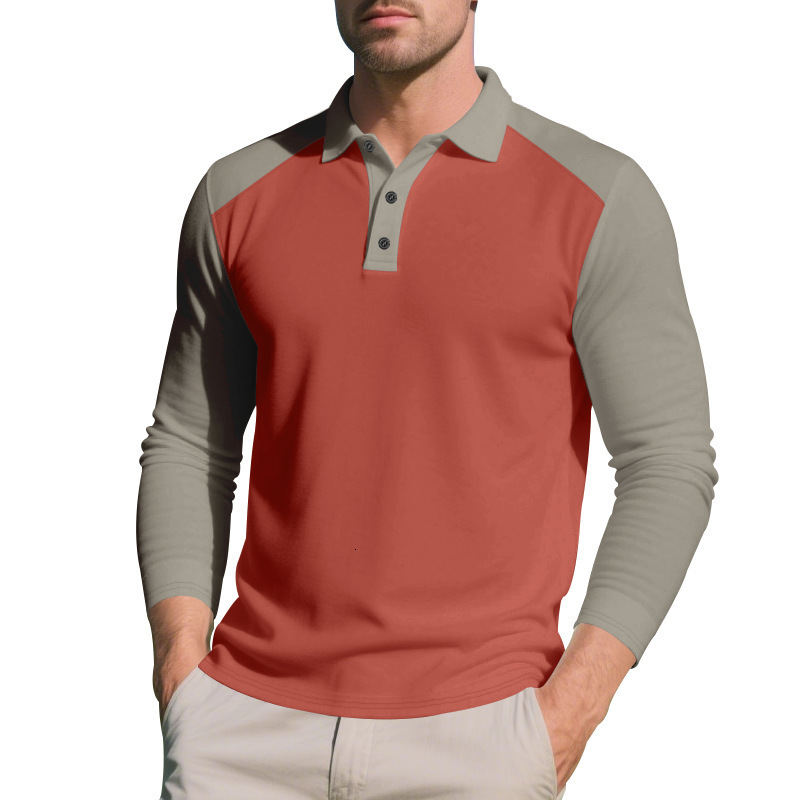 American Style Autumn Winter Men's Polo Color Block Casual Golf Turn-down Collar Long Sleeve T-shirt Base Shirt