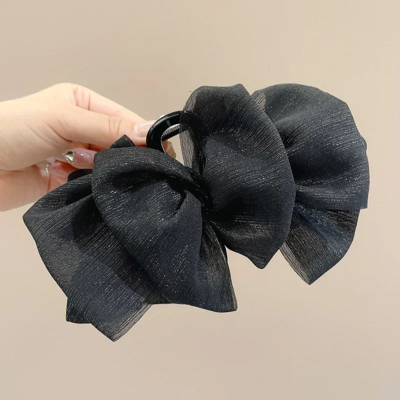 Sweet Mesh Large Bow Hair Claw Clips for Women Solid color Elegant Bowknot Ponytail Clip Girl Headdress Accessories 250716