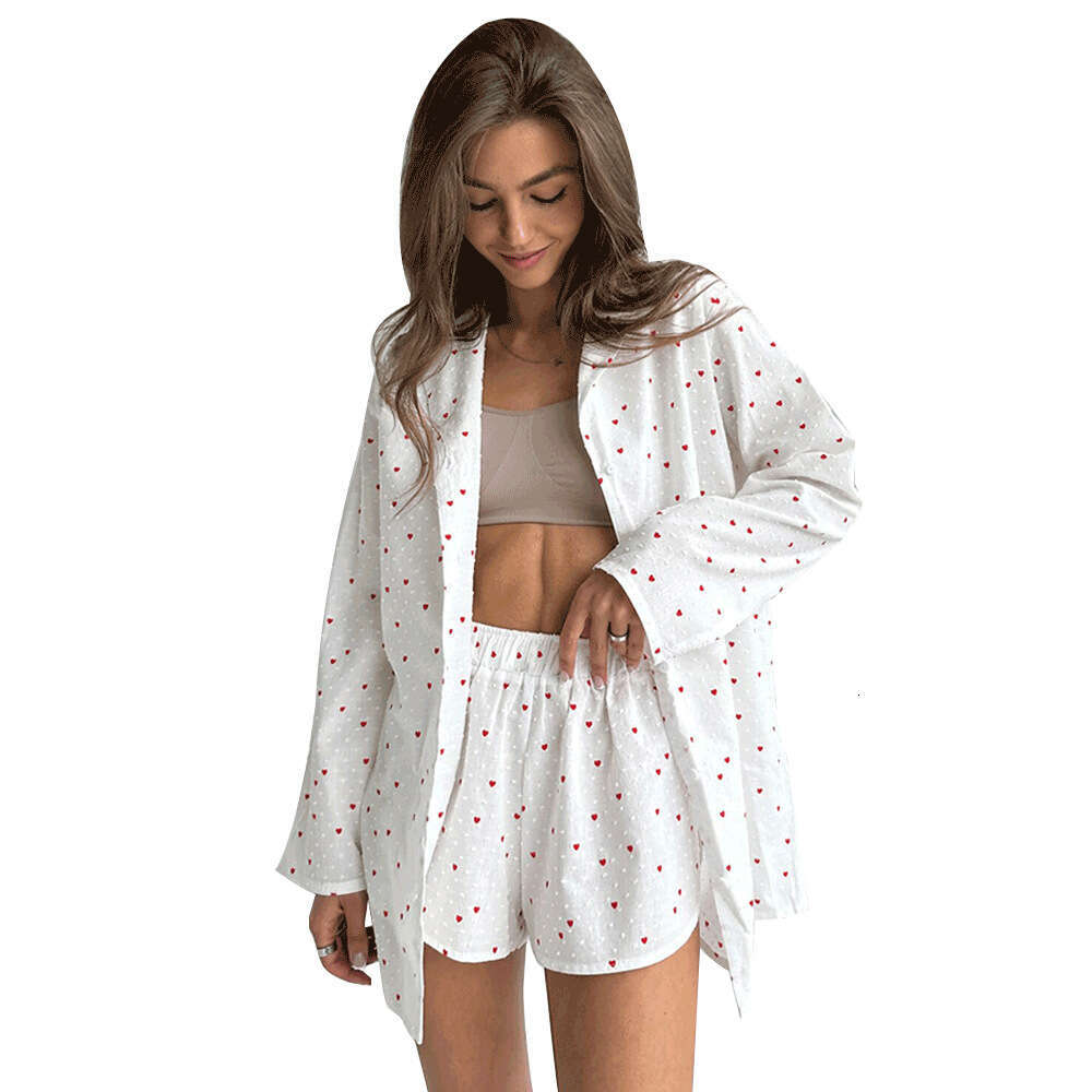 Heart Print Spring Summer New Women's Printed Long Sleeve Shorts Pajama Two-Piece Set B5