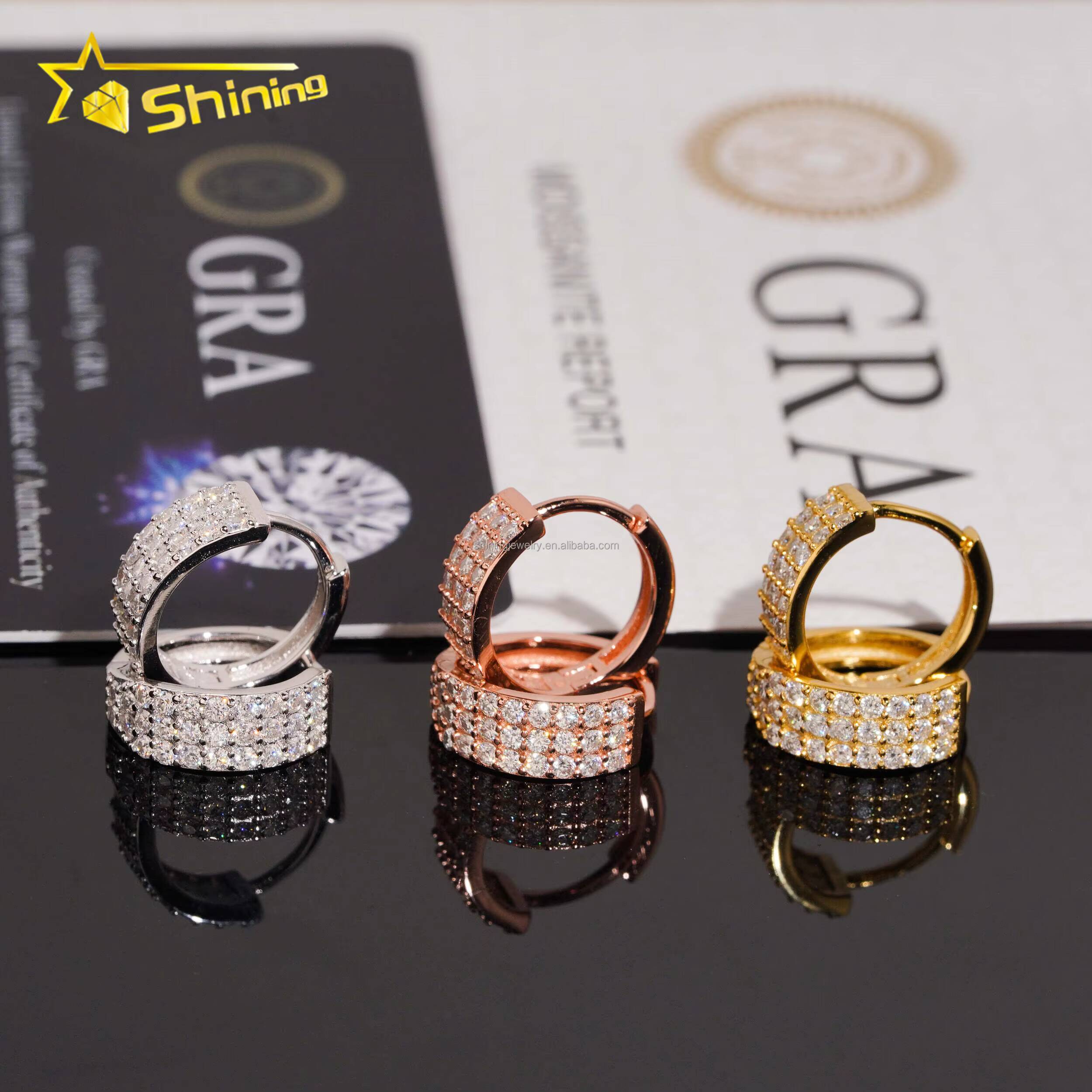 Popular Style Drop Shipping Bulk Stock 2Rows Vvs Moissanite Diamond Hoop Earrings Hip Hop Iced Out 925 Silver Hoop Earrings Man