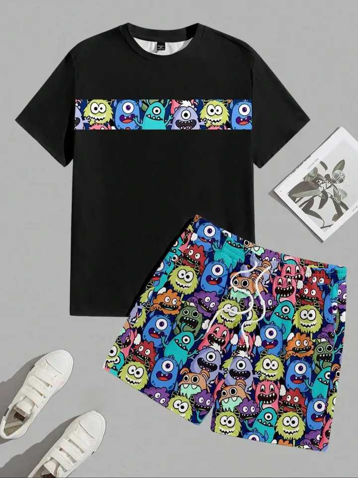 Manfinity Mens pajama set with short-sleeved shirts printed with letters and shorts with all-over prints short-sleeved and sho W250717