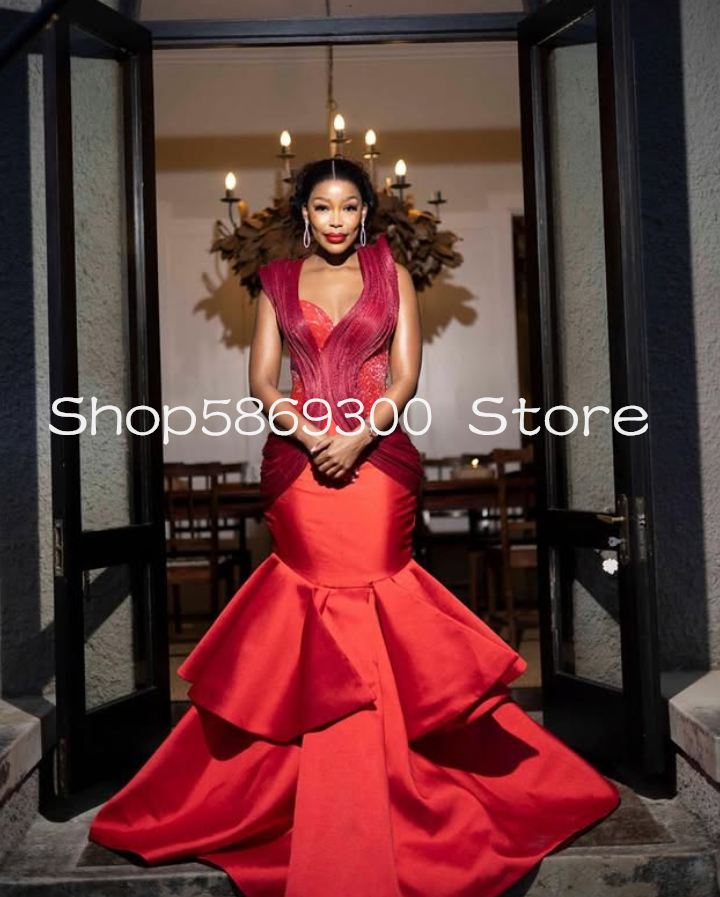 Red Long Mermaid Sparkly Prom Party Dressess Ruched Power Shoulder Ruffles African Aso Ebi Evening Gown Customsized