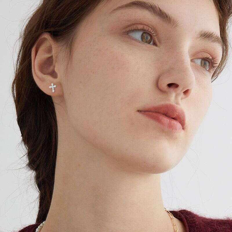 Personalized Cross For Women, Pure D Color Moissanite, Gold Plated, Simple Niche High-End Sier Earrings 955