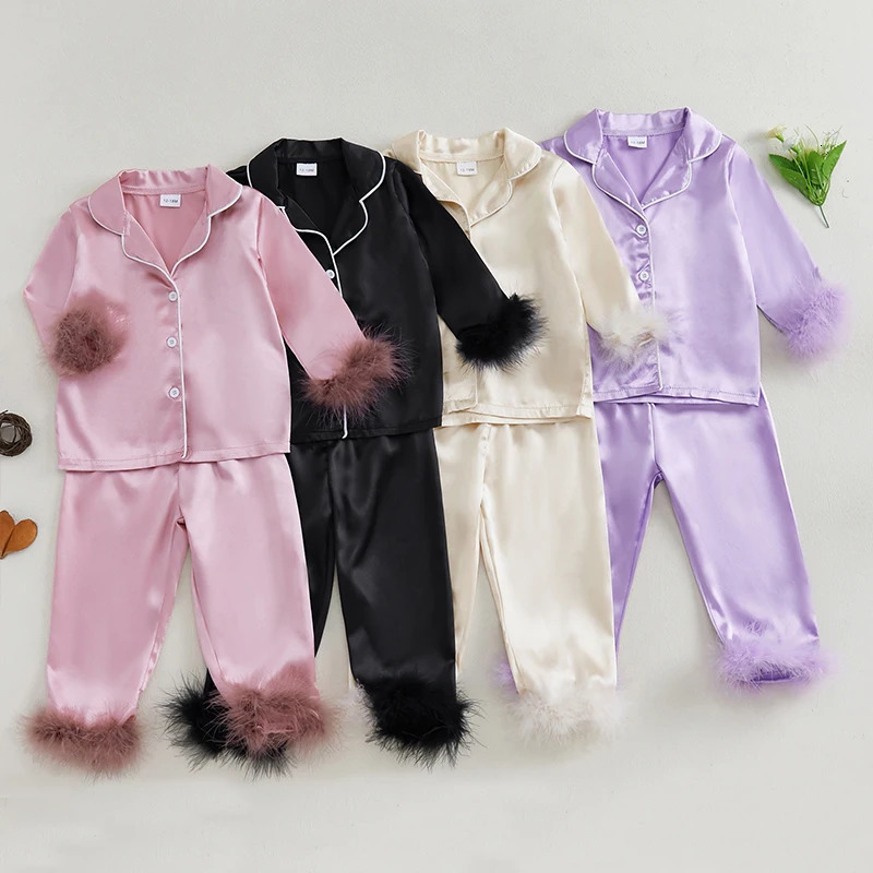 Kids Baby Girl Satin Pajamas Set Autumn Spring Fuzzy Trim Long Sleeve Button Down Tops Elastic Waist Pants 2Piece Loungewear Set 250716