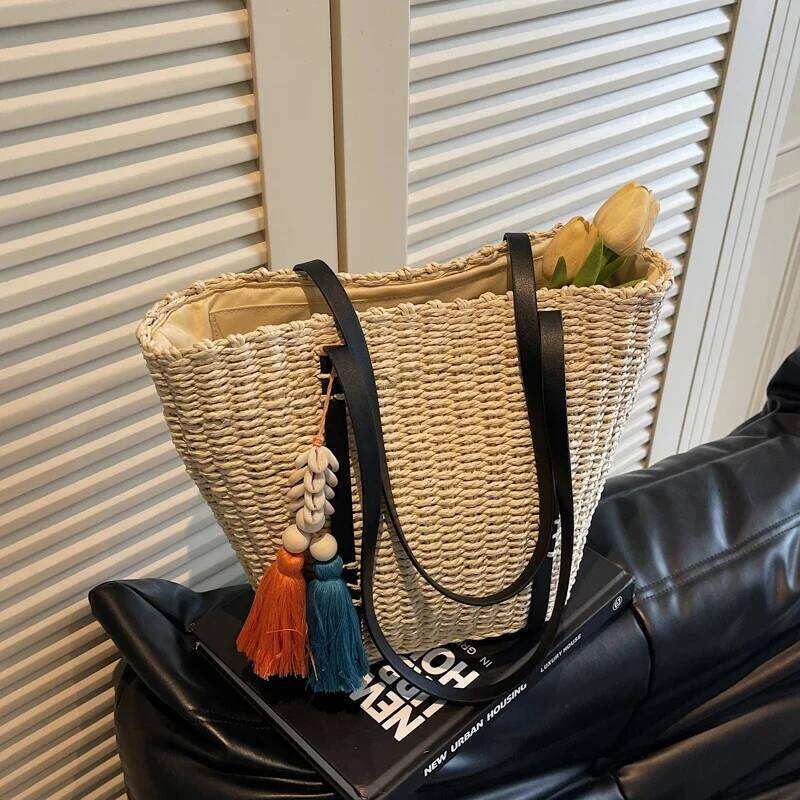 Designer Straw For Women Handmade Woven Handbag Rattan 2025 Summer Beach Shoulder Bag Female Basket Shopper Bags