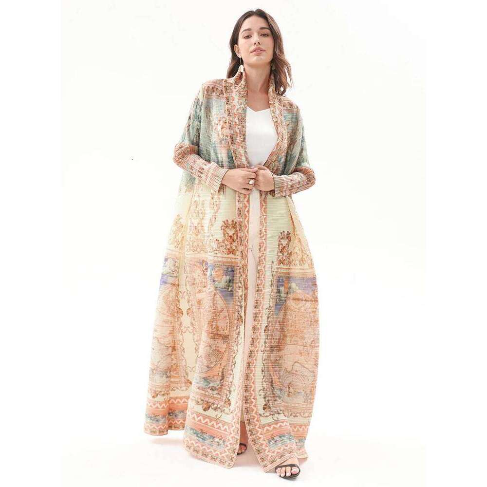 Miyake Pleated Turndown Collar Vintage Printed Long Sleeve Dress Women 2024 New Original Designer Abaya Fashion Classical Coats