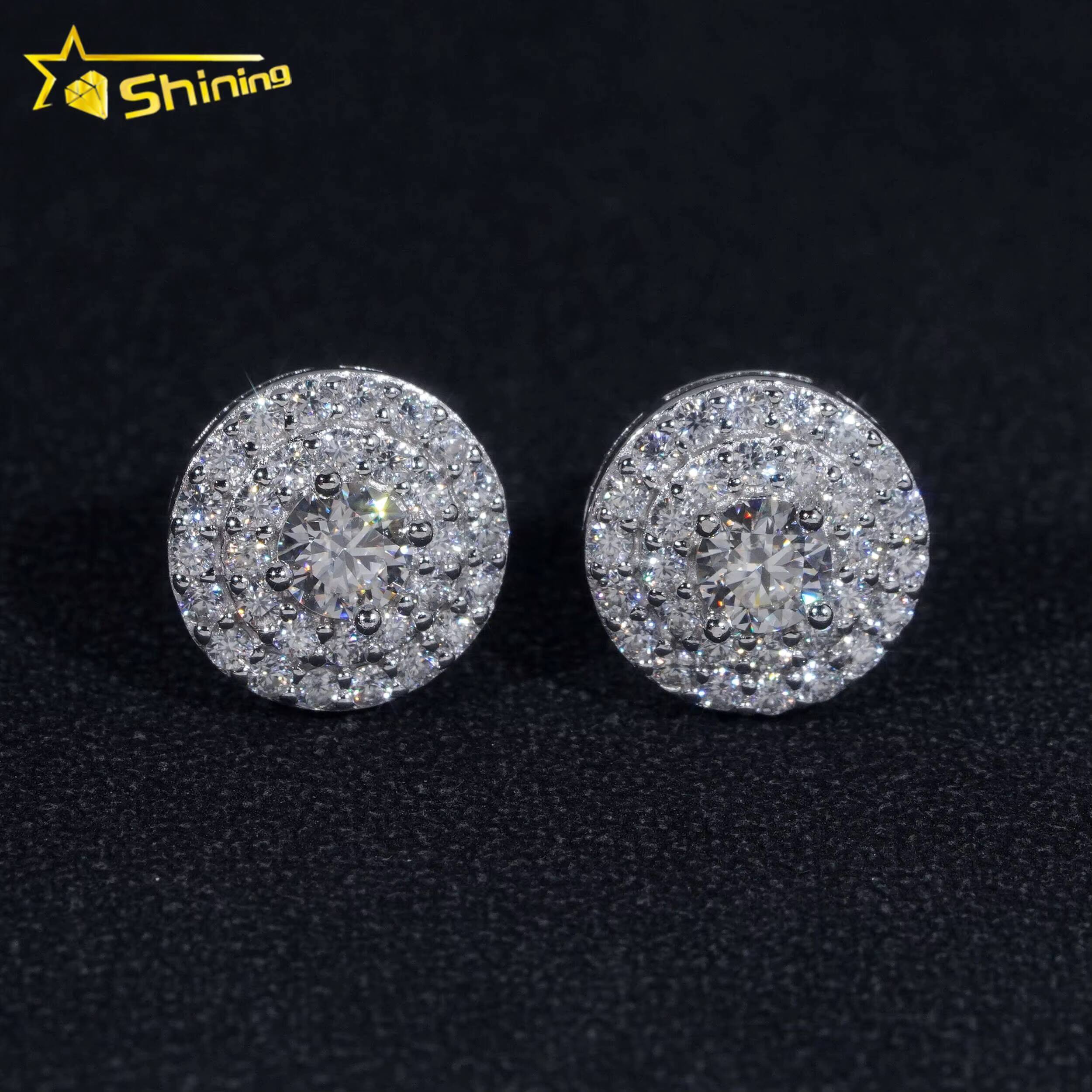 Pass Diamond Tester 925 Sterling Silver Round Cluster Iced Out Mens Moissanite Stud Earrings