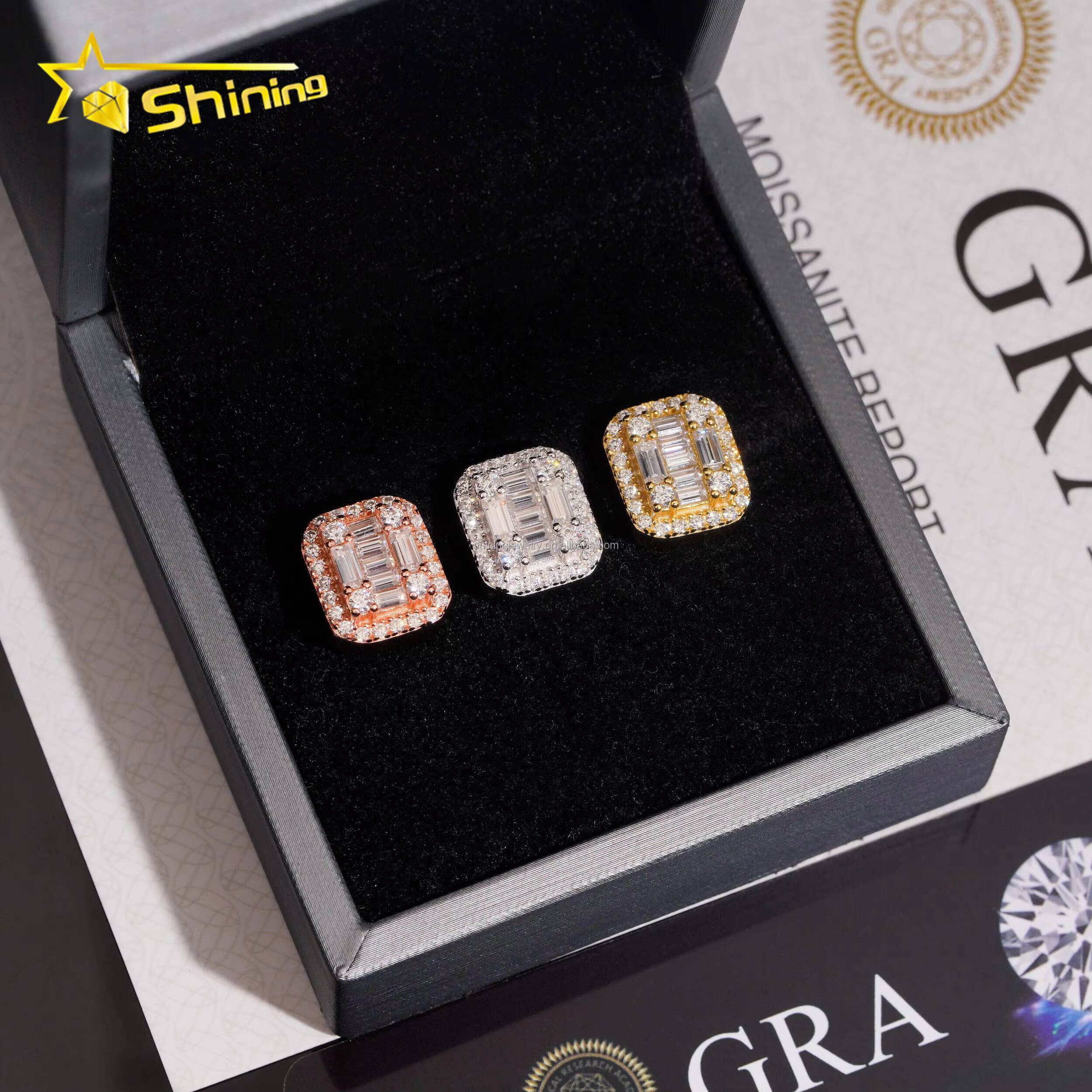 Unique Design Bulk Stock GRA Certificate Stud Earrings Baguette VVS Moissanite Diamond Iced Out 925 Silver Fashion Stud Earrings