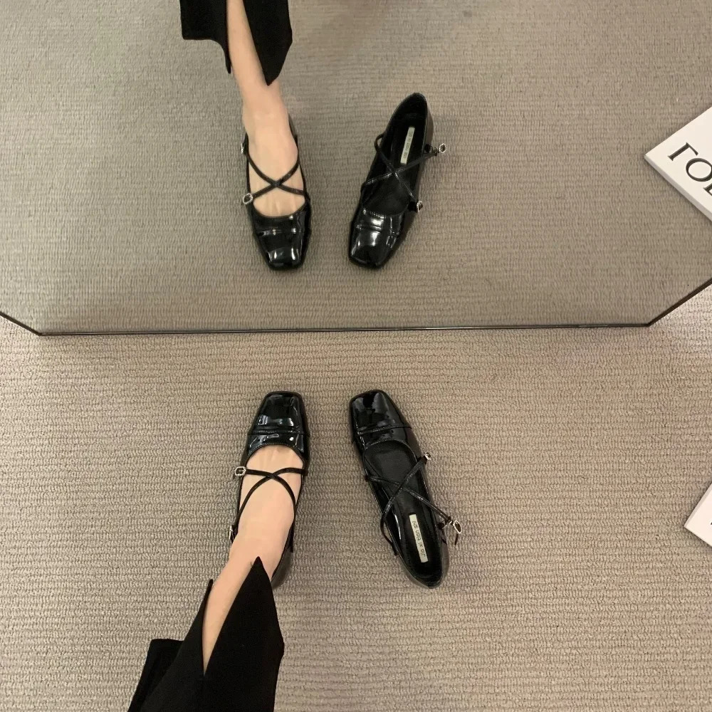 Medium Heeled Shoes Retro Mary Jane Single Women Thick Ballet Cross Buckle Shallow Soft 250624