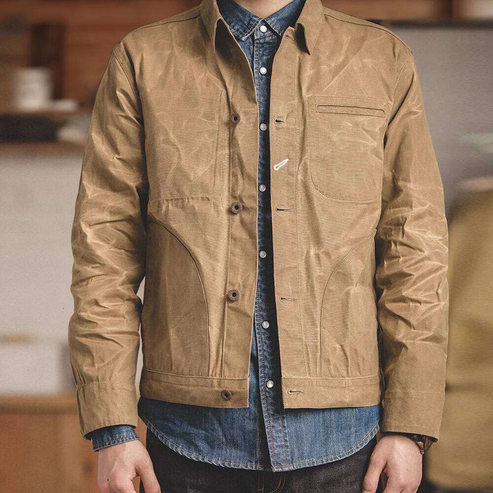 Designer Clothing Maden Vintage Men's Canvas Oil Wax Jackets Khaki Multi-Pocket Lapel Collar Single-Breasted Jacket Windbreaker For Male Outwear 