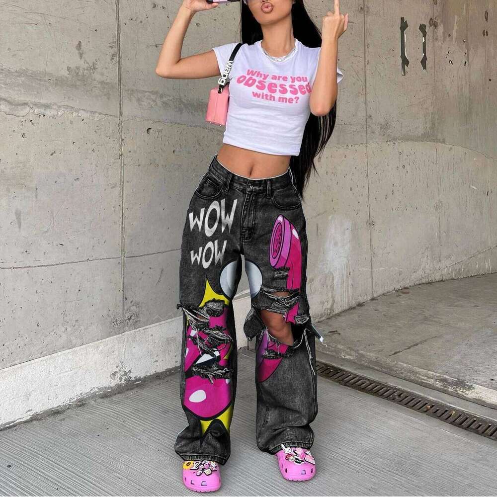Straight Leg Jeans For Women Personalized Print Pattern Cracked Hole Street Fashion Spring And Summer New Spicy Girls, Y2k, 2024