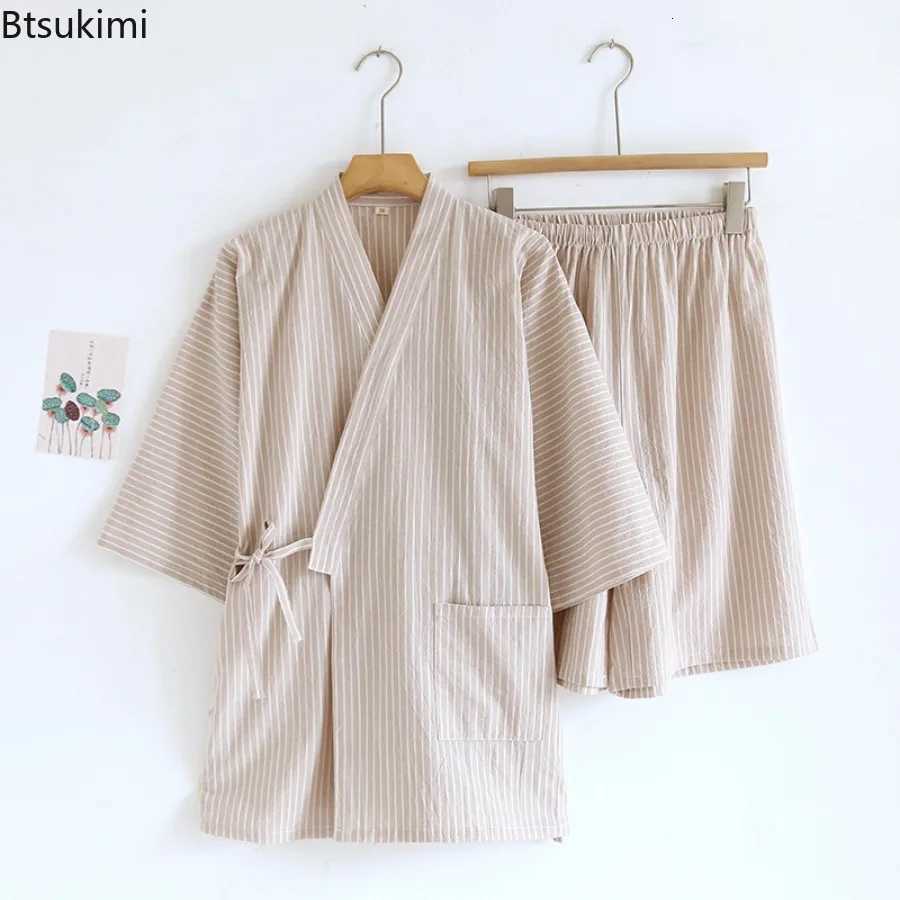 2025 Mens Summer 00% Cotton Pajama Sets Loose Bathrobes V-Neck Kimono Pajamas Striped Half Sleeve and Shorts Mens Homewear Suit W250717