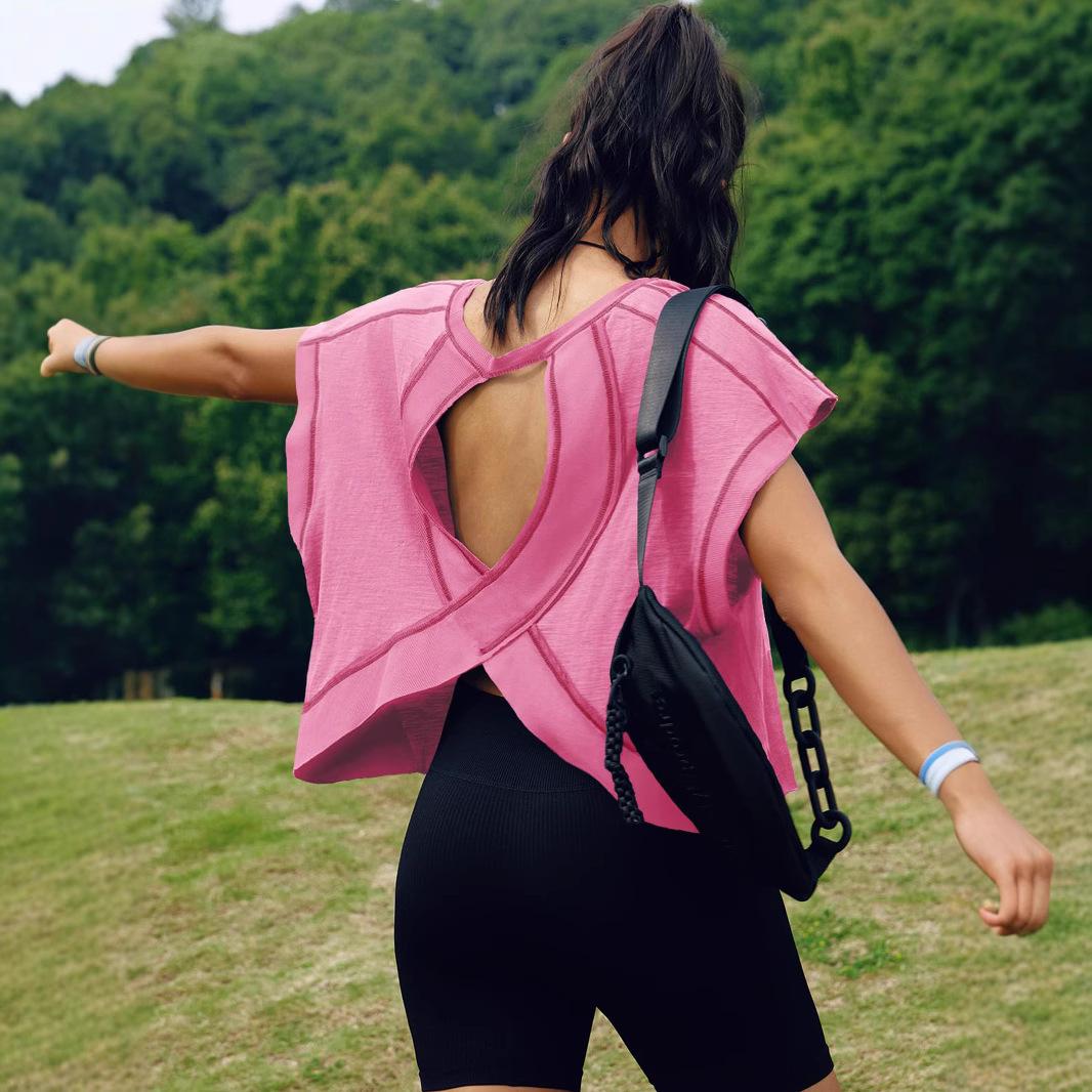 Women's T Shirts Fashion Going Out Tops For Women Cutout Open Back Summer Crop Top Loose Fit Short Sleeve Tee Workout Beach Covers