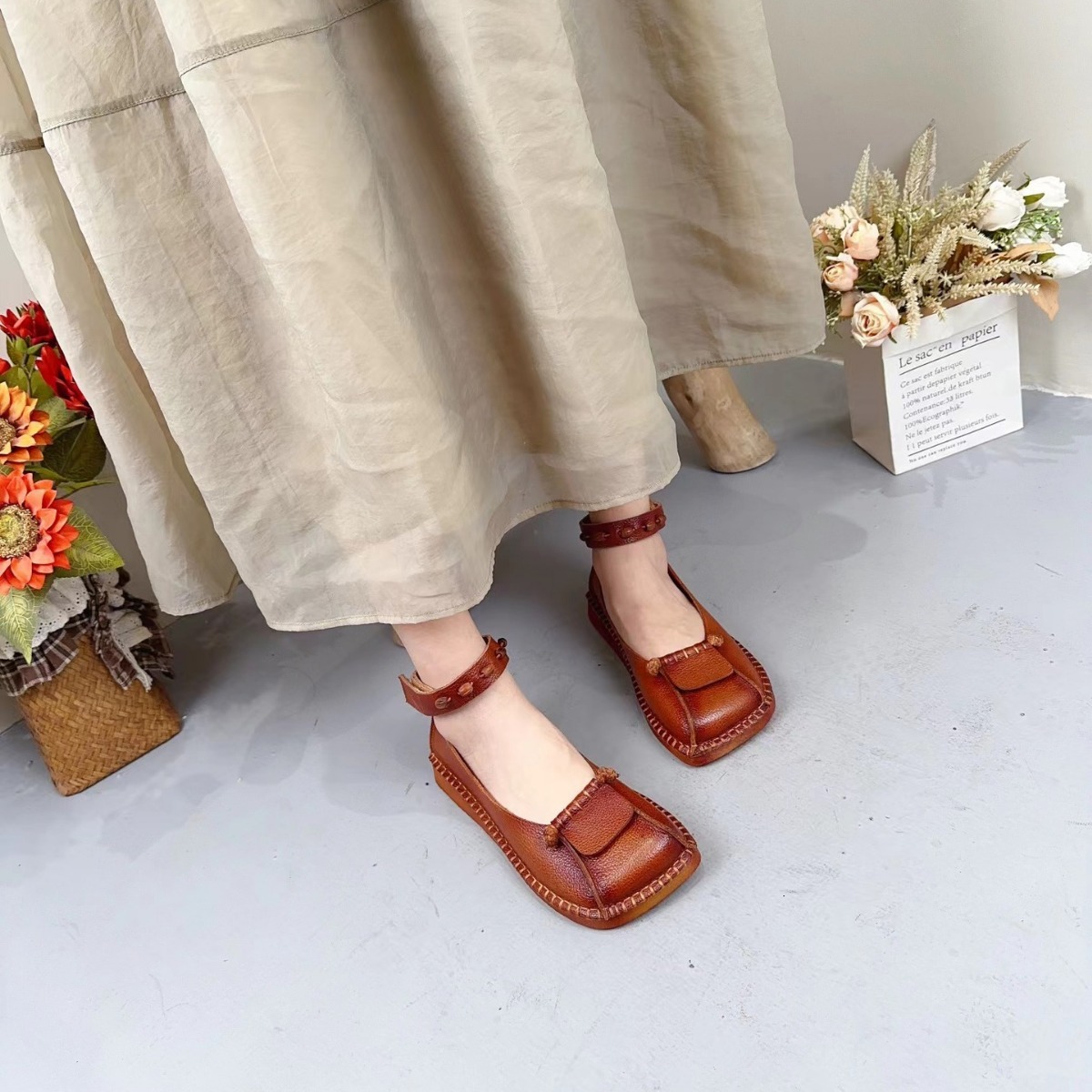 2024 Spring Genuine Leather Handmade Women's Shoes Ethnic Style Soft Sole Closed Toe Ankle Strap Velcro Women ddmysaturn
