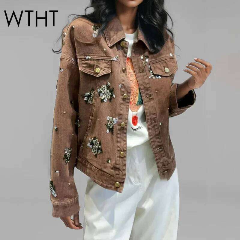 WTHT New Fashion Women's Heavy Industry Embroidered Sequins Denim Jacket Turn-Down Collar Long Sleeves Coat Female 1Ls696