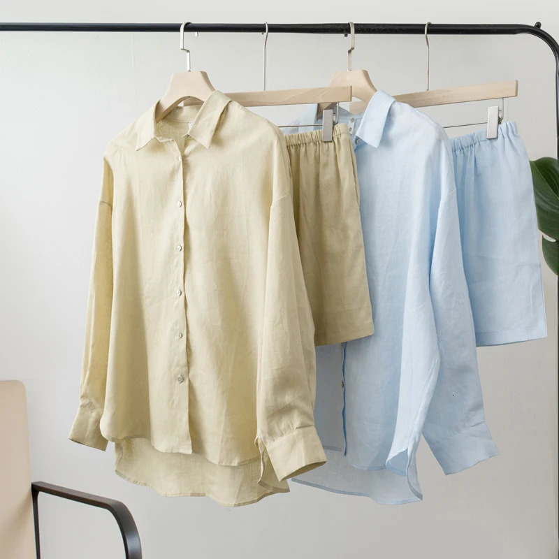 Women 2025 Summer Casual Linen Blouse Shorts Sets 250714