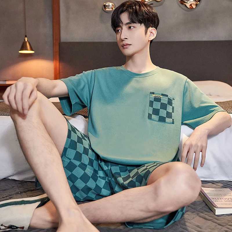 2Pcs Cotton Mens Pajamas Set Short Sleeve Mens Summer Homewear Big Size L-3XL Men Plaid Breathable Sleepwear Men Pajamas W250717