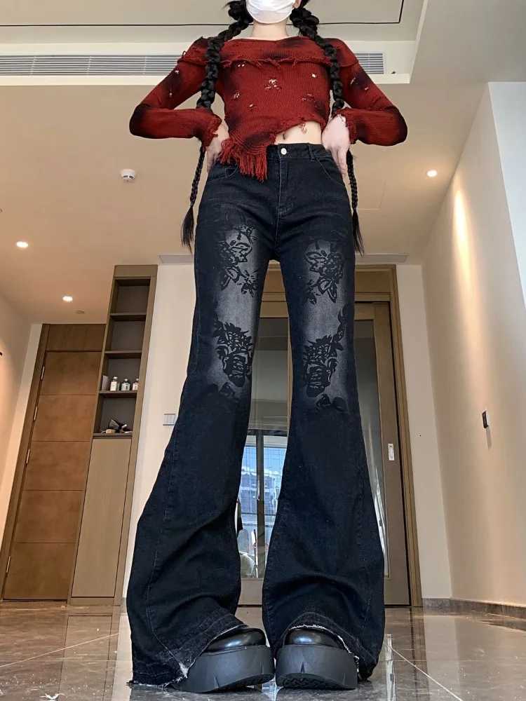 Womens Vintage Full Length Denim Trouser Floral Print Grunge 2000s Street Retro High Waist Jeans Casual Trashy Y2K Emo Pants R250716