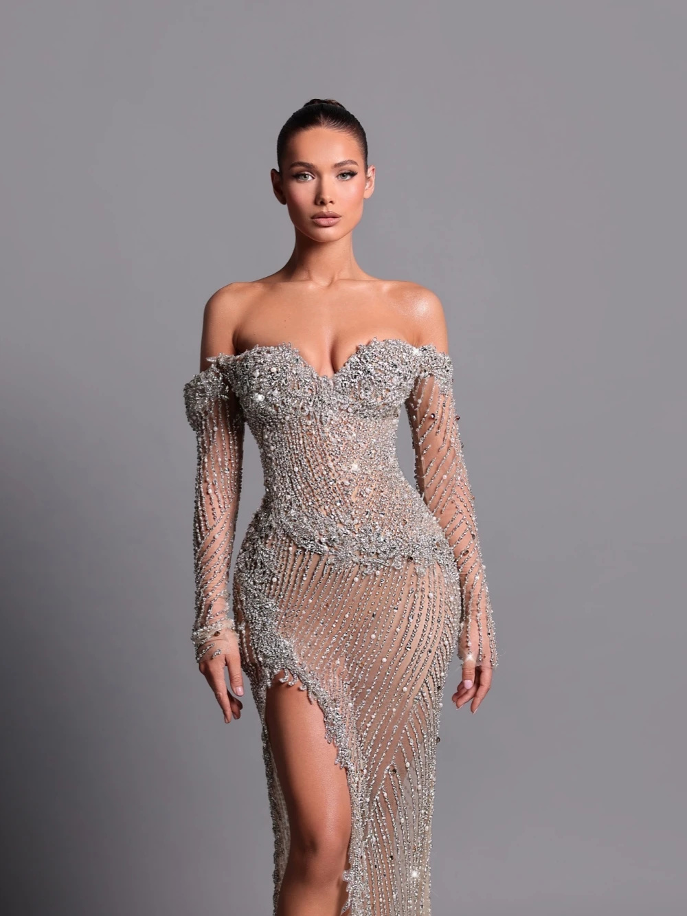 Luxurious Off The Shoulder Crystal Evening Dresses Customized Sexy Sequined Long Sleeve Prom Dress Beaded Appliques Party Gown