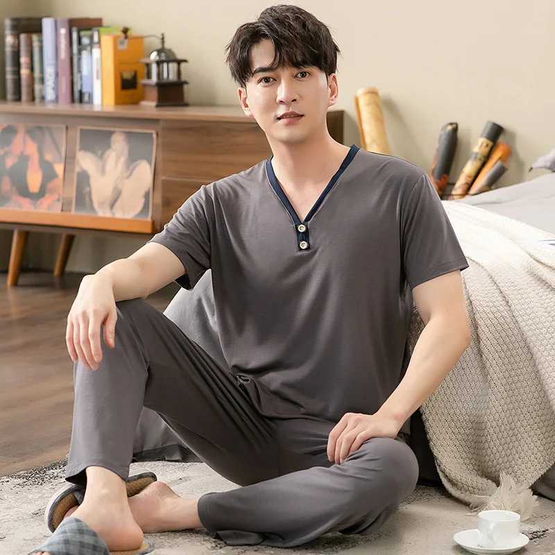 Mens Modal Cotton Pajamas Set Summer Short-Sleeve Tops + Long Pants Nightwear Home Wear Suits Simple Fashion Sleepwear for Men W250717