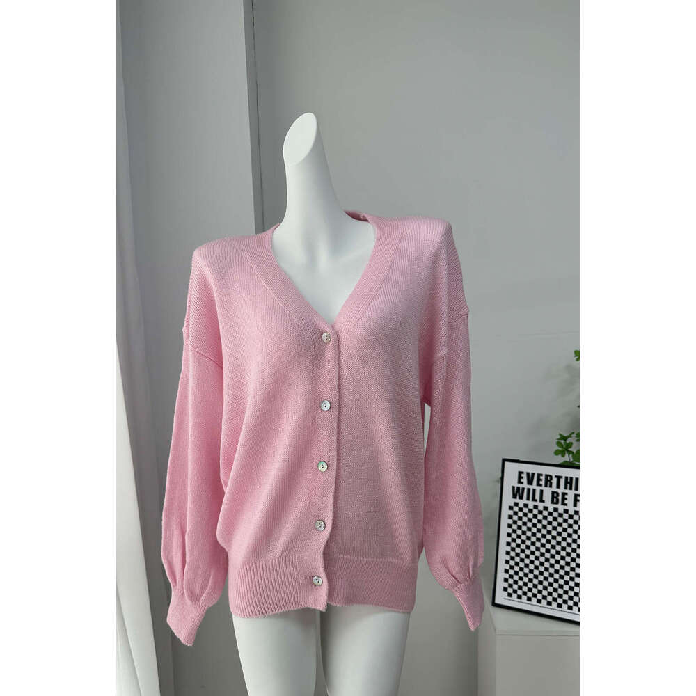 Autumn New Soft Mohair V-Neck Hollow Cardigan For Women, Elegant Lazy Style With Shell Buttons And Lantern Sleeves Sweater Coat B5