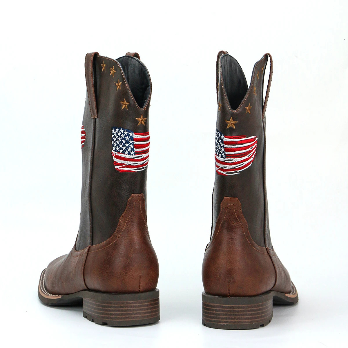 Mens Plaid Square Toe Low Heel Easiest for Match National Flag Slip-on Outdoor Cowboy Boots 250715