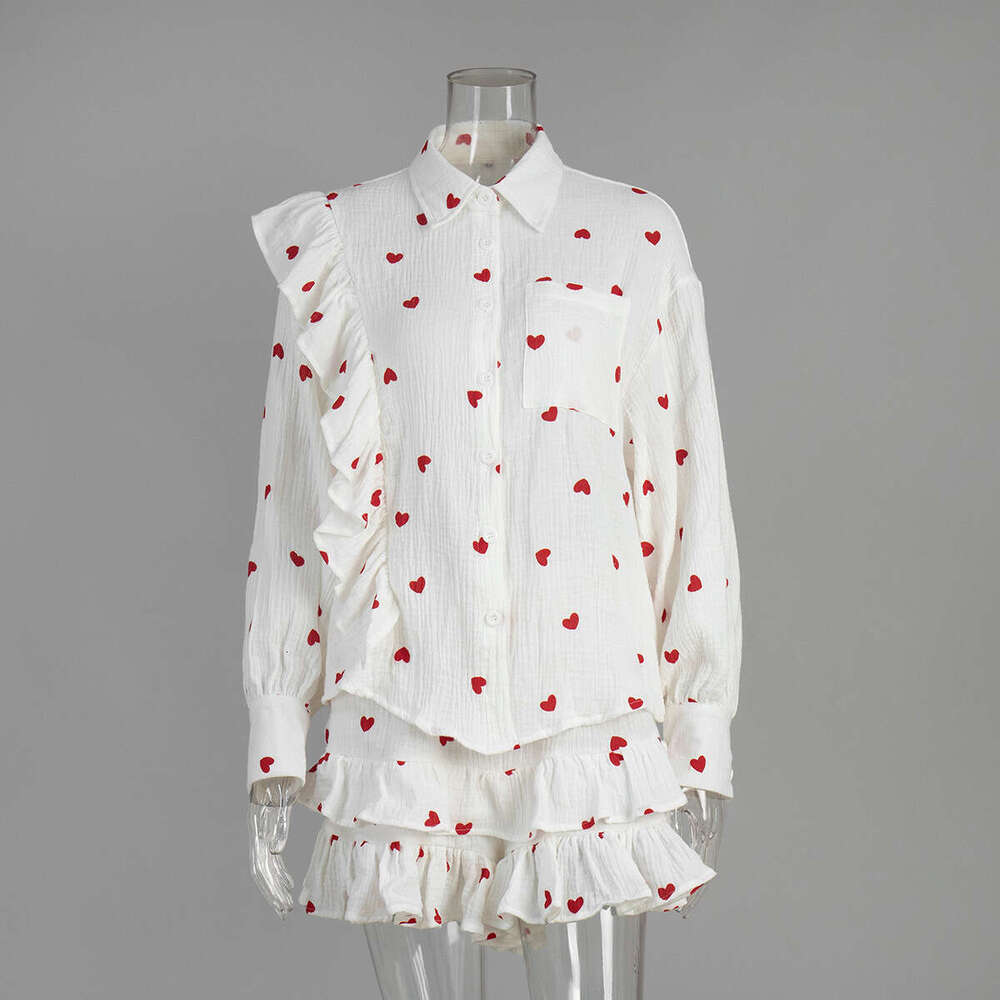 Cotton Printed Spring Summer Ruffled Long Sleeve Shirt + Shorts Casual Set B5