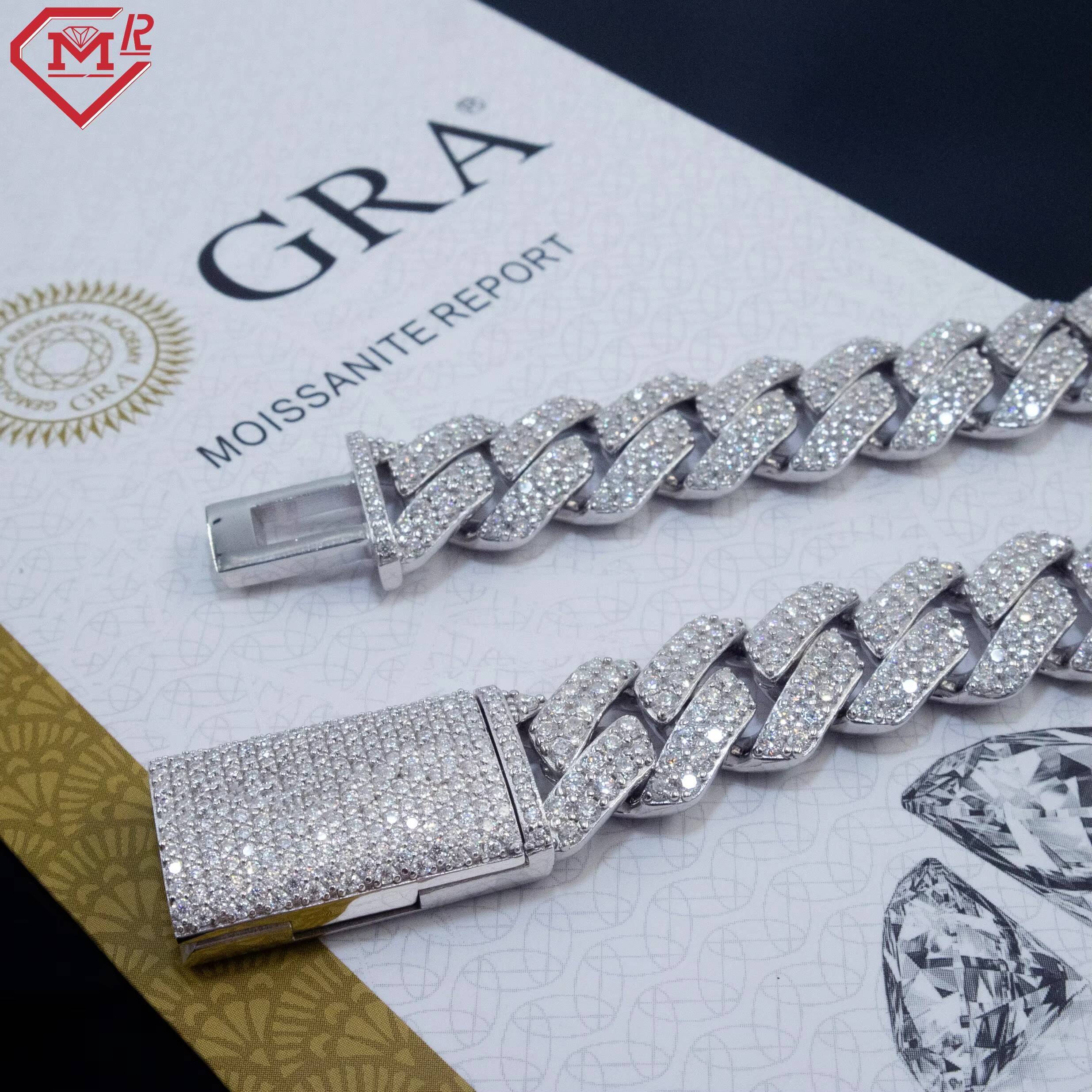 Hot Selling Moissanite Chain Hiphop 2 Row 14mm Iced Out Stunning Silver Moissanite Cuban Link Chain