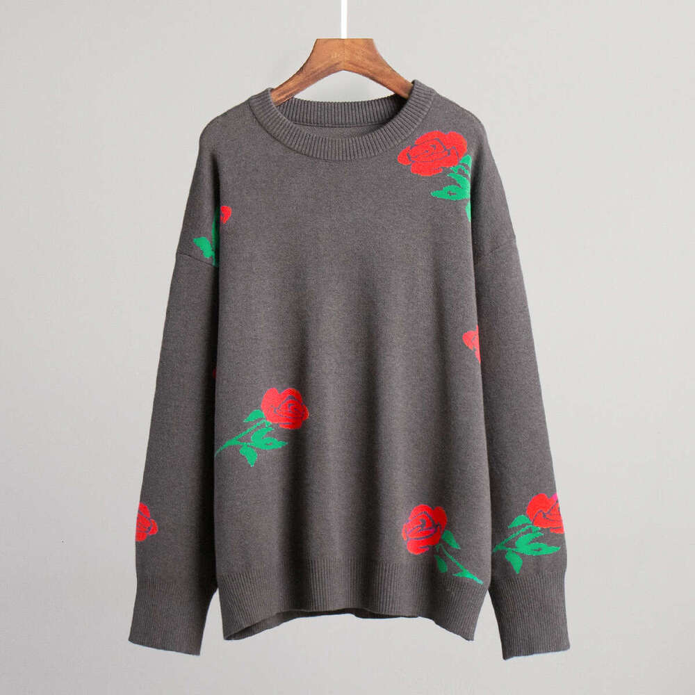 Autumn Winter New Women's Versatile Loose Colorful Rose Round Neck Sweater B5