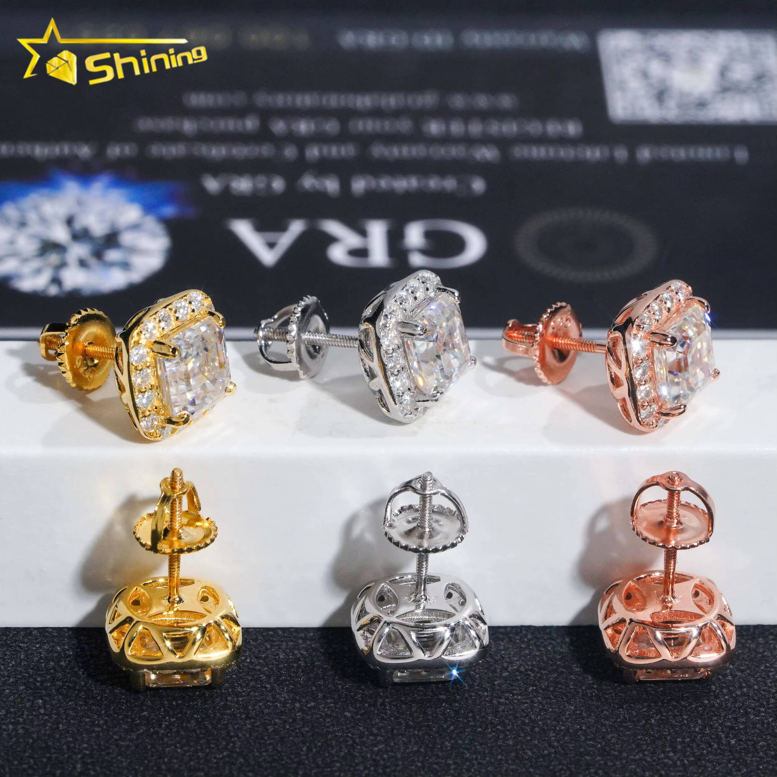 Diamond Tester Certified RTS Hip Hop Jewelry 925 Silver Asscher Cut VVS Diamond Moissanite Stud Earrings