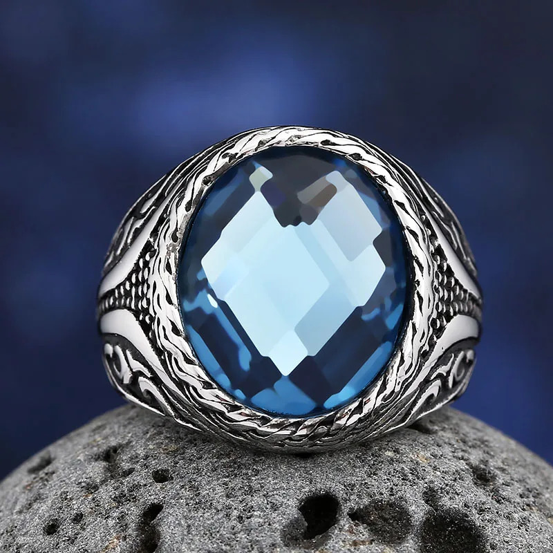 316L Stainless Steel Blue Zircon Ring Vintage Good Polished Fashion Jewelry Couple Gift us size 7 to 13 250716
