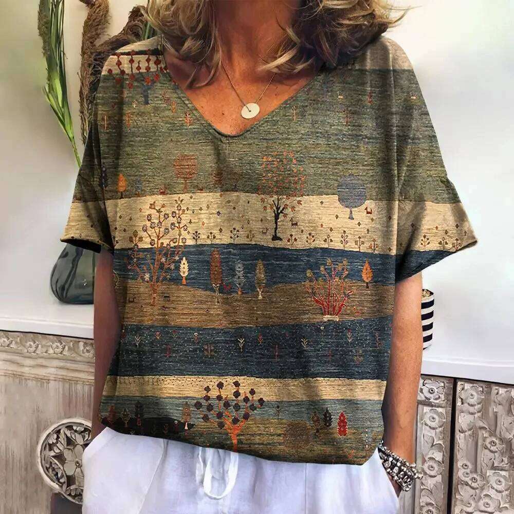 Summer T Shirt for Women V Neck Casual Fashion Tops New Plaid Tees Haruku Clothing Loose Short Sleeve Blouse Female Sweatshirt