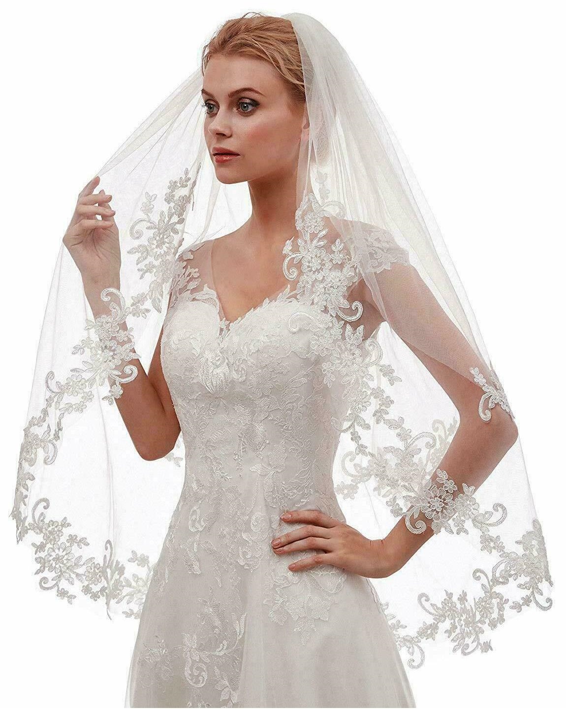 Elegant Bridal Wedding Lace Appliques Edge Bride Double layer Fingertip Length Wedding Veil Accessories
